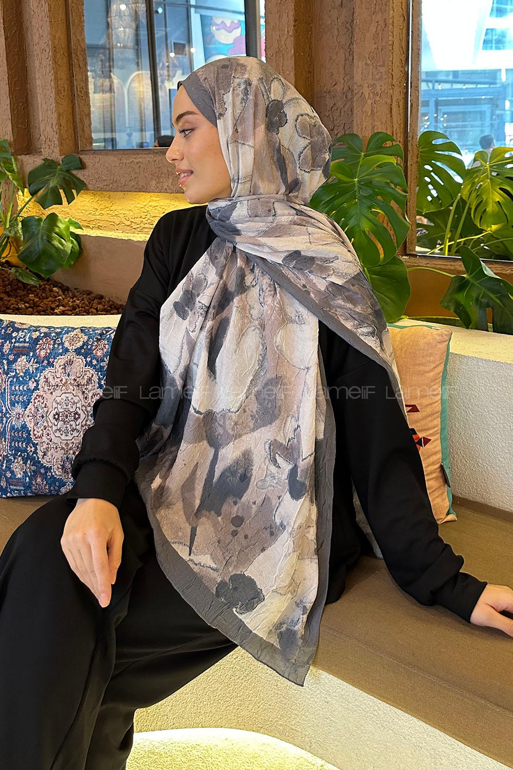 Lamelif Flora Garden Desen Bambu Şal Antrasit