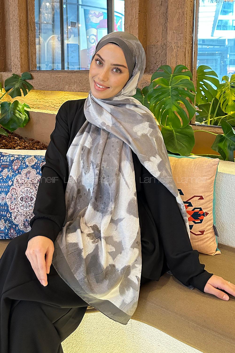 Lamelif Flora Garden Desen Bambu Şal Antrasit Ekru