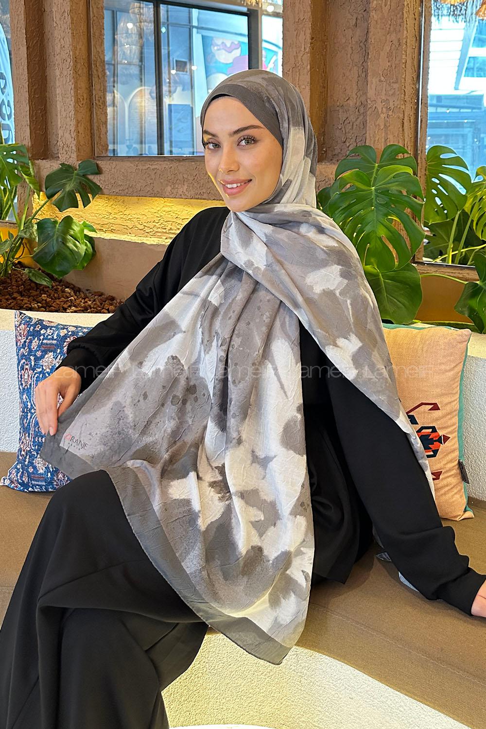 Lamelif Flora Garden Desen Bambu Şal Antrasit Ekru