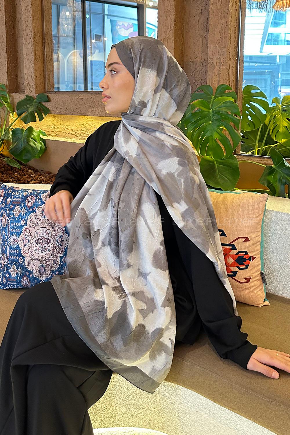 Lamelif Flora Garden Desen Bambu Şal Antrasit Ekru