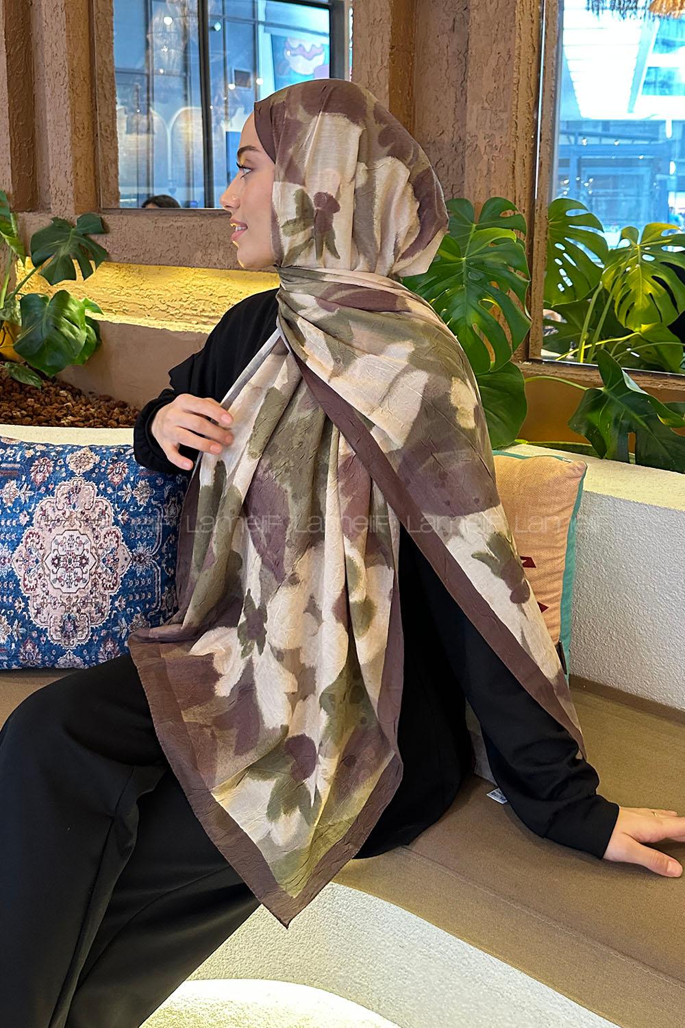 Lamelif Flora Garden Desen Bambu Şal Asker Yeşili Kahverengi