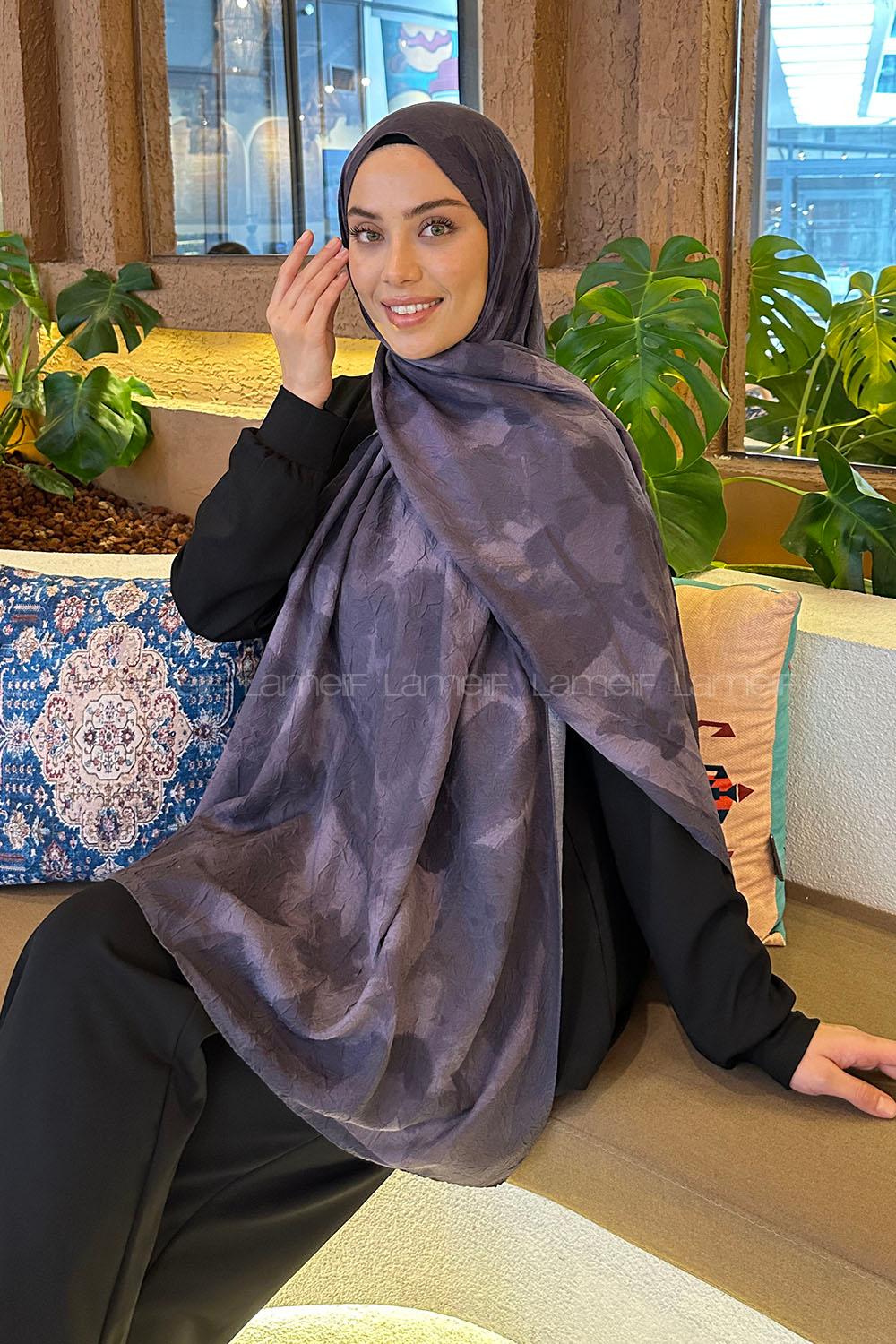 Lamelif Flora Garden Desen Bambu Şal Koyu Mor