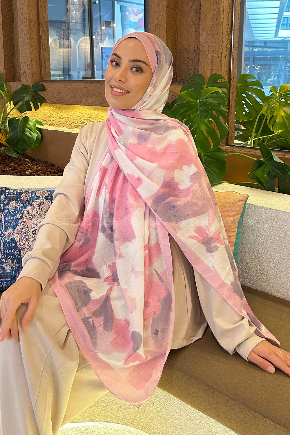 Lamelif Flora Garden Desen Bambu Şal Şeker Pembe