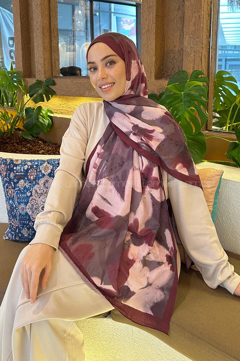 Lamelif Flora Garden Desen Bambu Şal Vişne