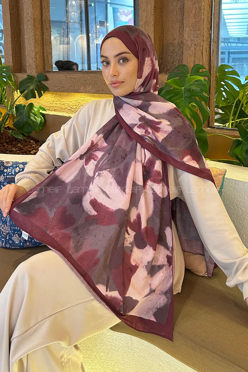 Lamelif Flora Garden Desen Bambu Şal Vişne