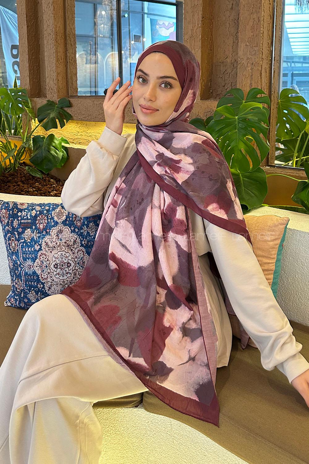 Lamelif Flora Garden Desen Bambu Şal Vişne