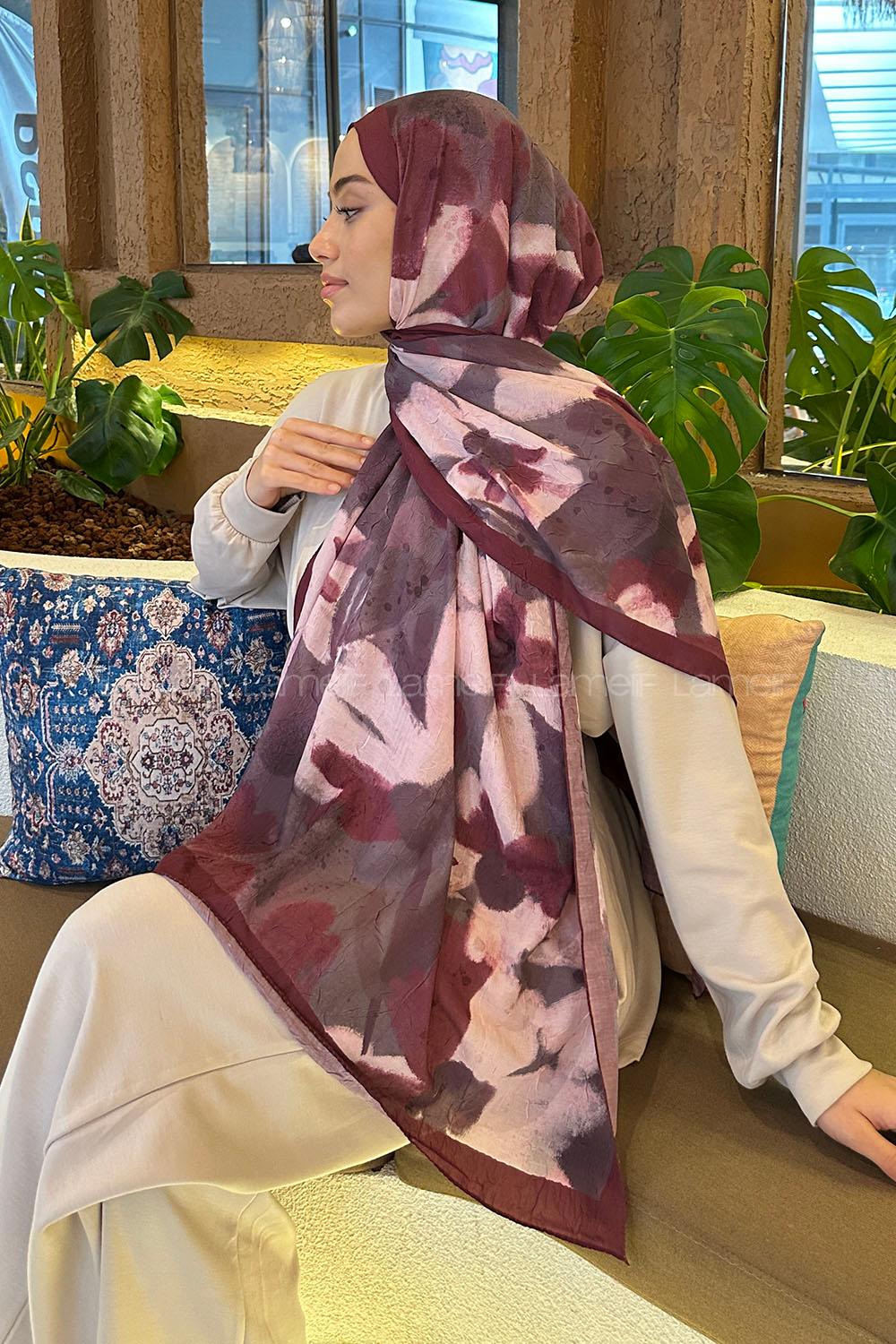 Lamelif Flora Garden Desen Bambu Şal Vişne