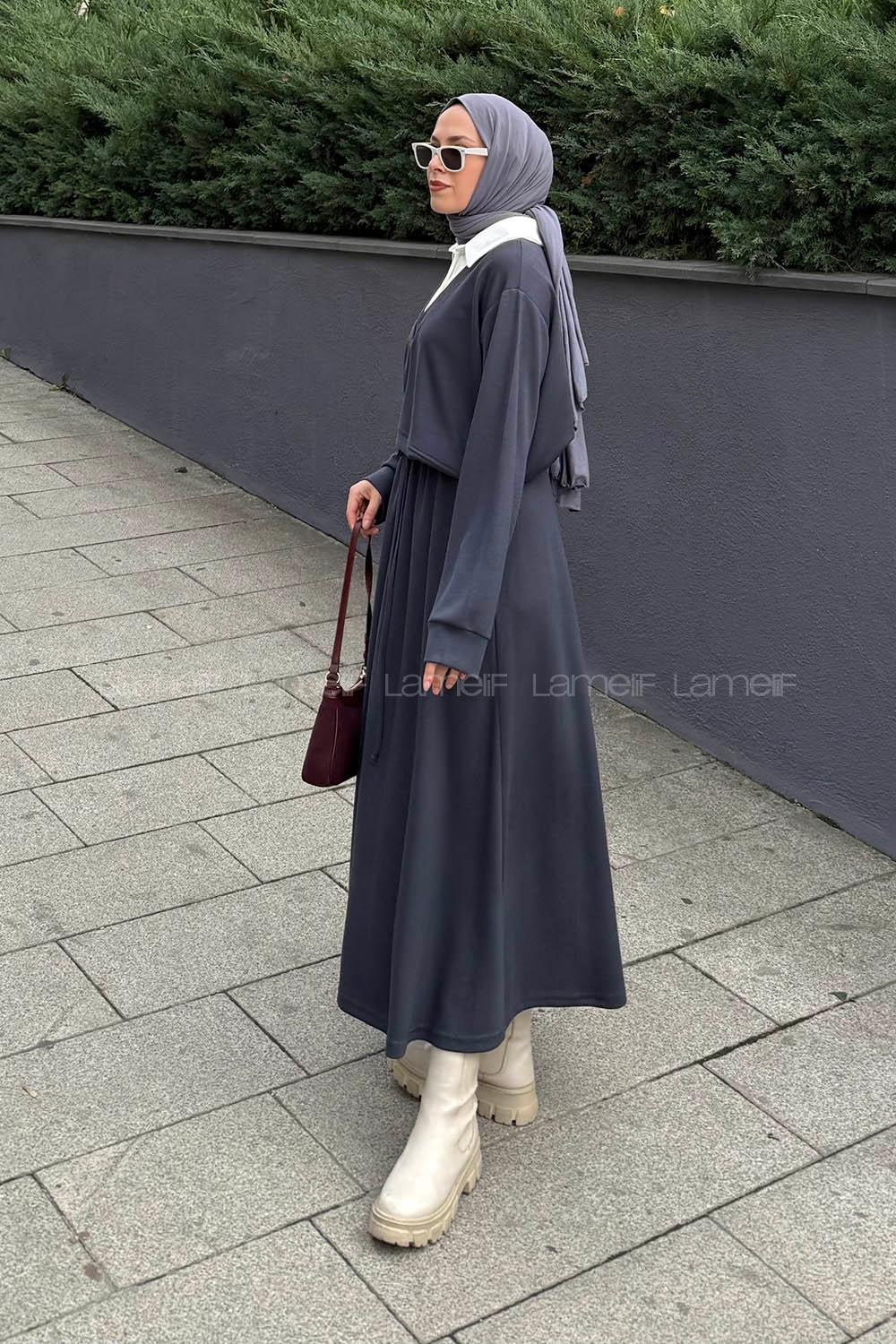 Lamelif Garni Yaka Etekli Takım Antrasit