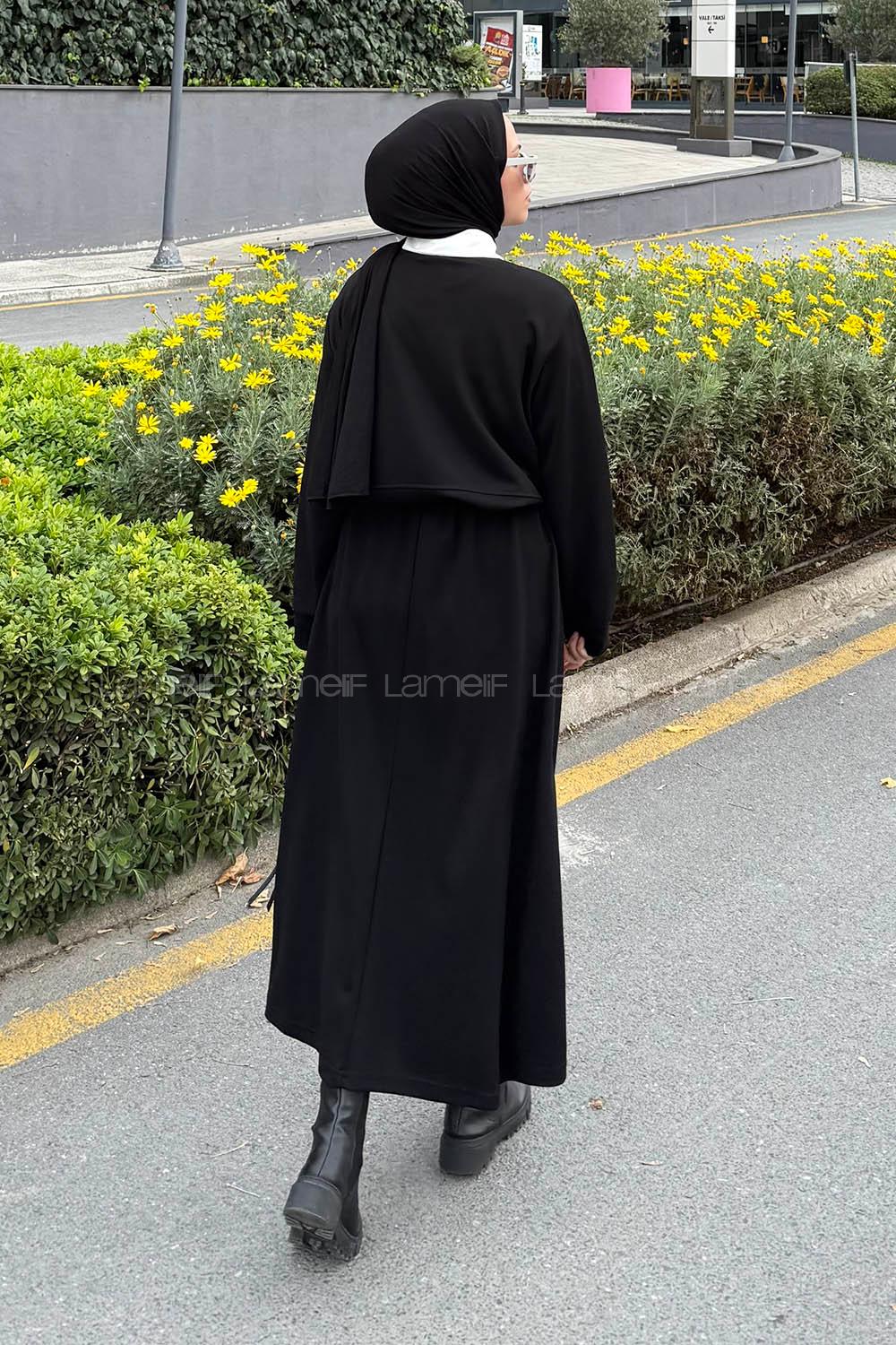 Lamelif Garni Yaka Etekli Takım Siyah