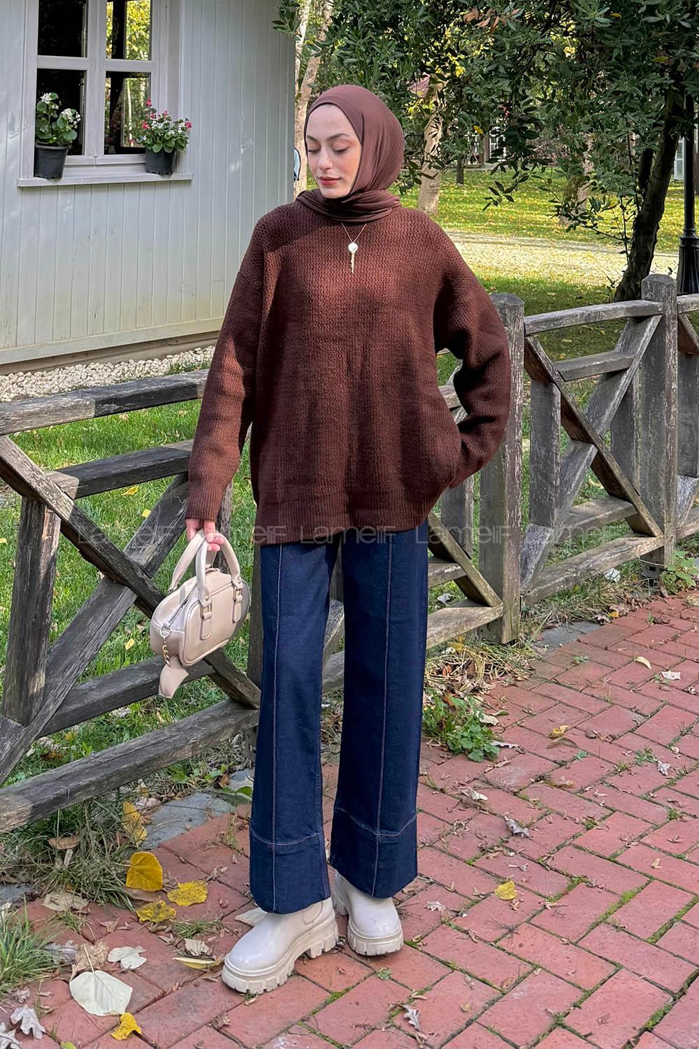 Lamelif İnce Örgülü Kazak Acı Kahve