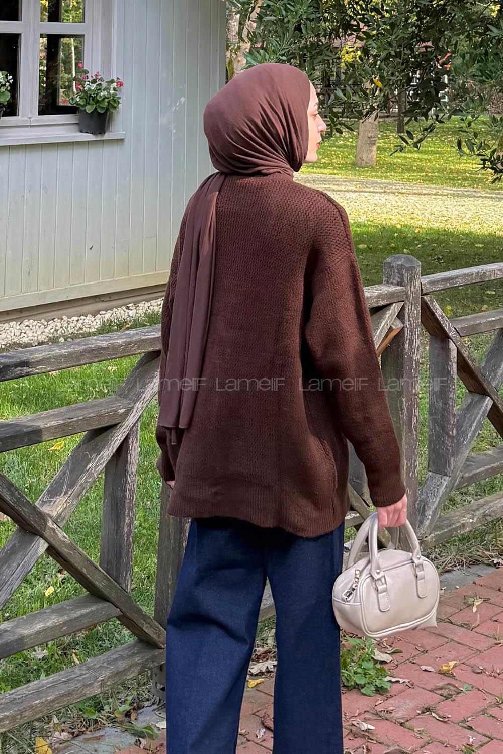 Lamelif İnce Örgülü Kazak Acı Kahve