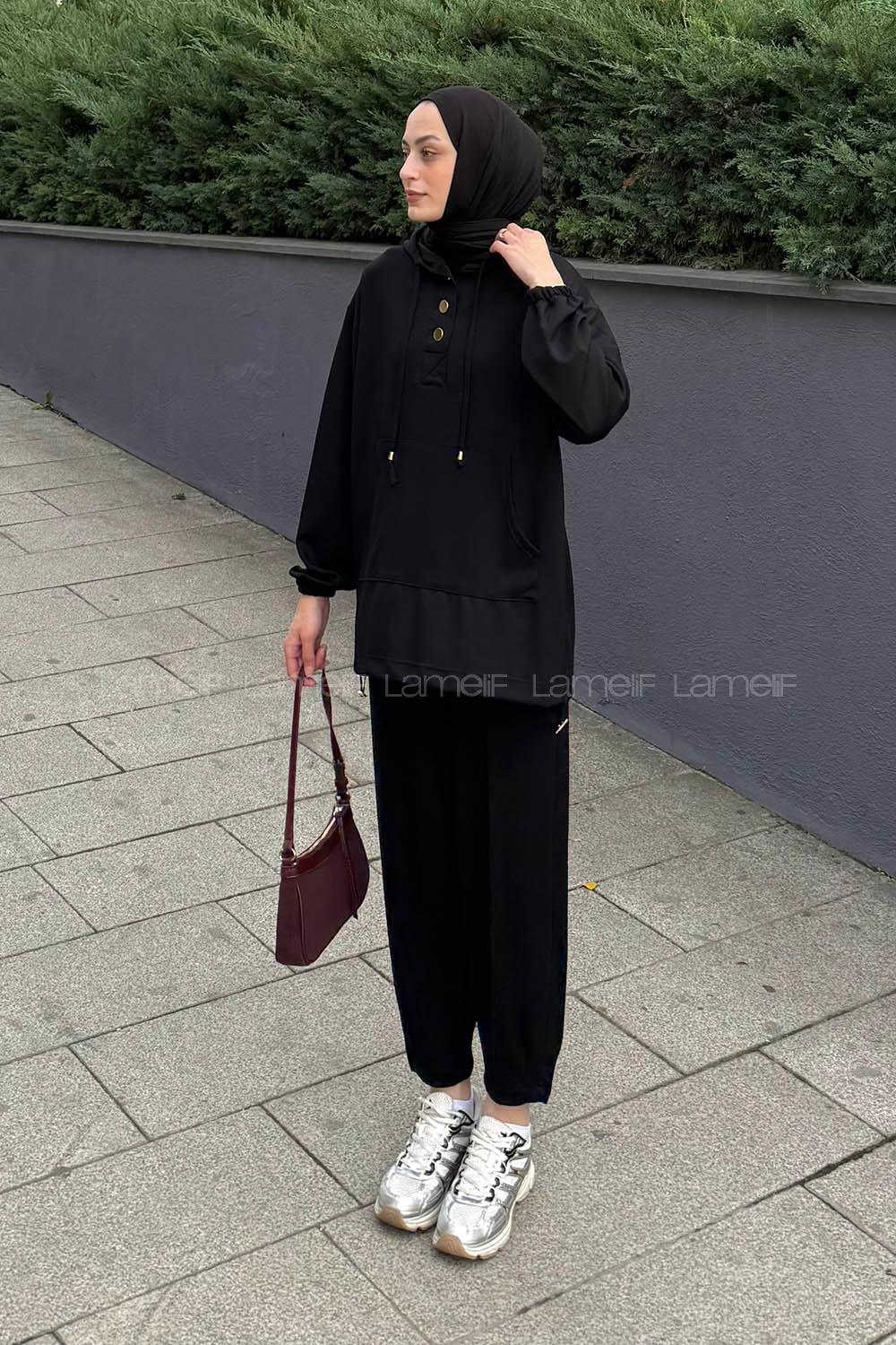 Black Hood Neck Long Arm Cotton Regular Trousers Comfortable Suit