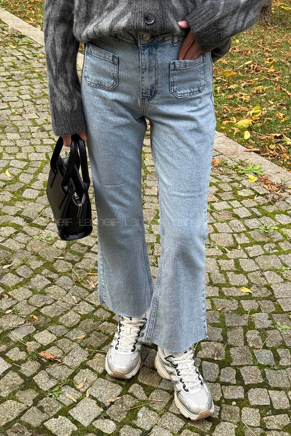 Ice Blue Cotton Denim Elastan High Waist Denim Pants