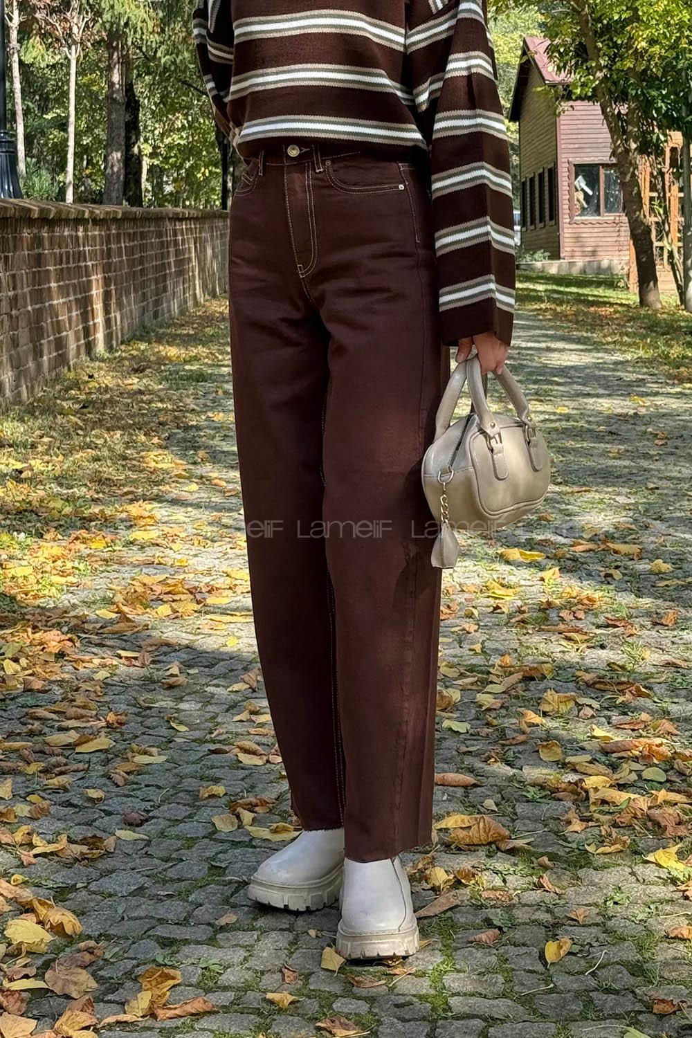 Bitter Brown Cotton Denim High Waist Denim Pants