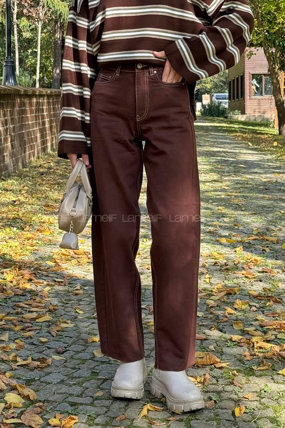 Bitter Brown Cotton Denim High Waist Denim Pants