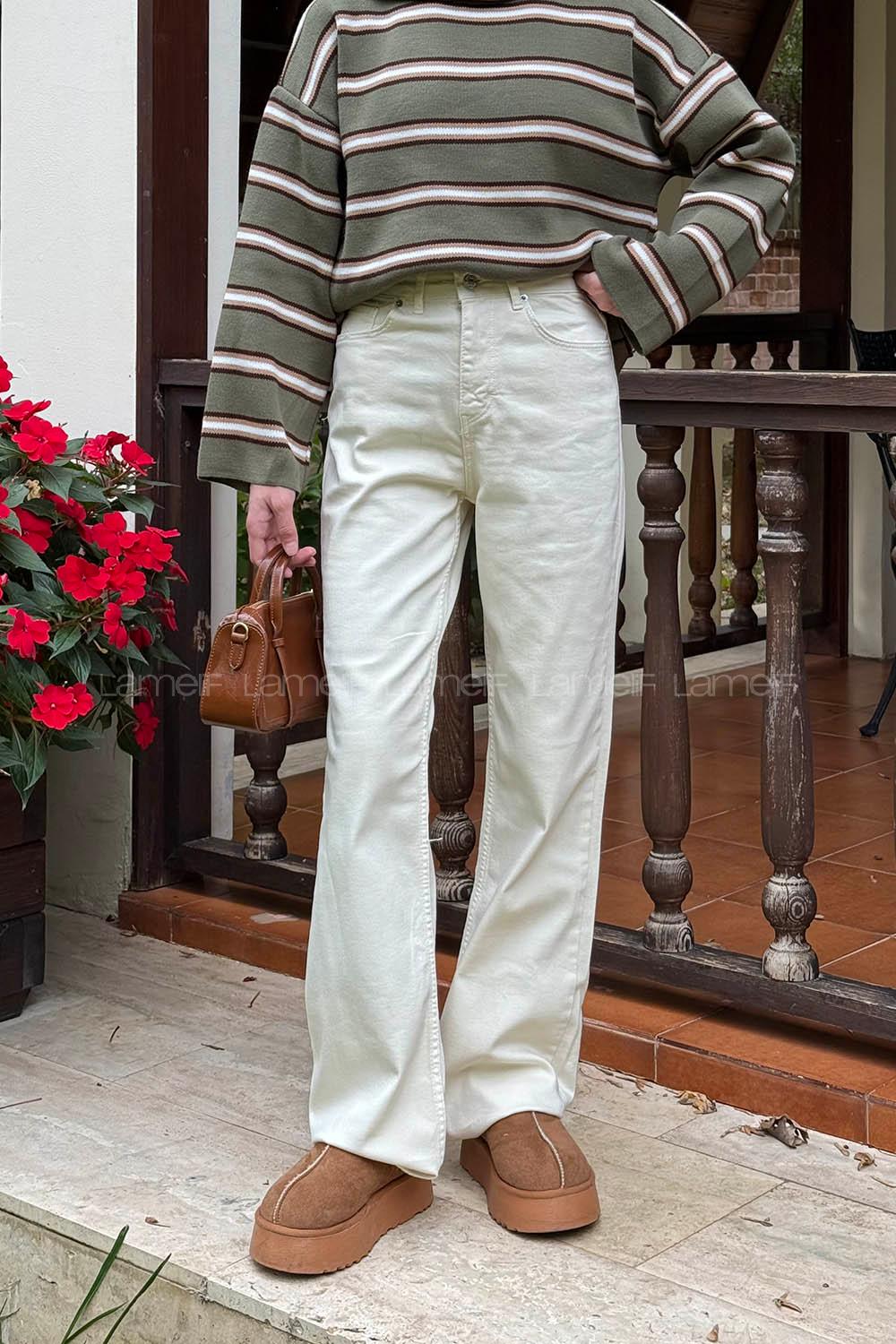 Lamelif Kesik Paça Fit Jean Krem