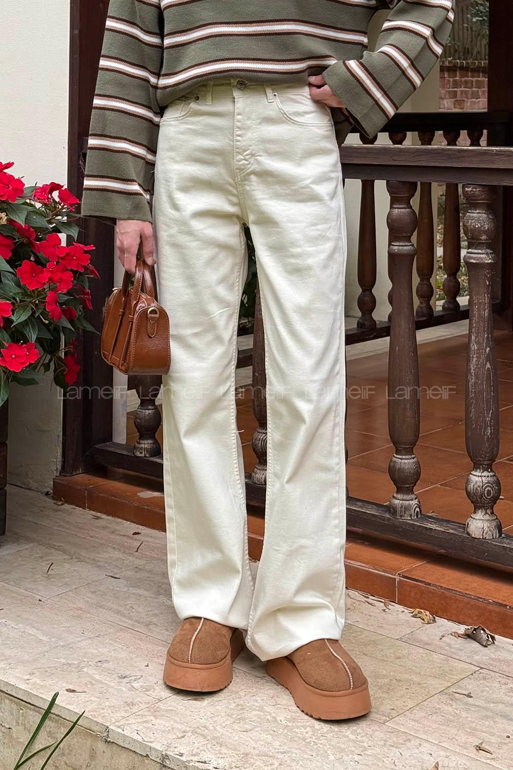 Lamelif Kesik Paça Fit Jean Krem