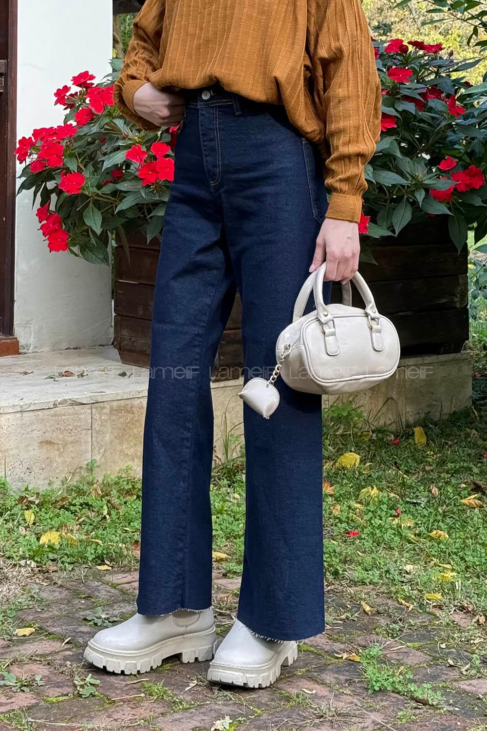 Dark Blue Cotton Denim Elastan High Waist Pants
