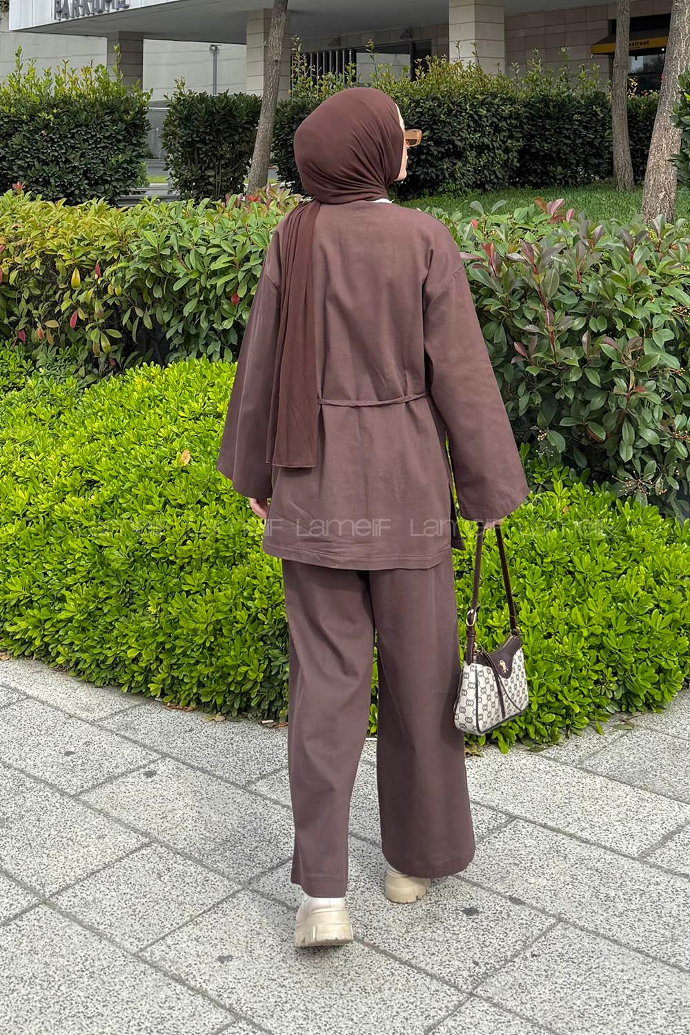 Lamelif Kimonolu Kot Tesettür Takım Acı Kahve