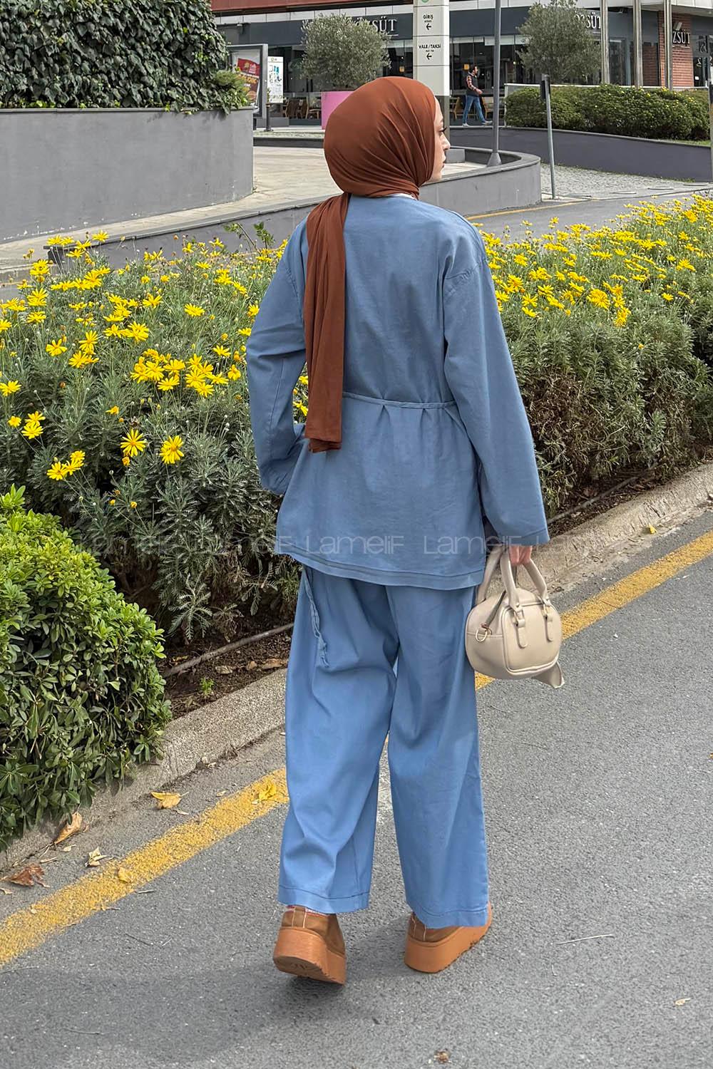 Lamelif Kimonolu Kot Tesettür Takım Buz Mavisi