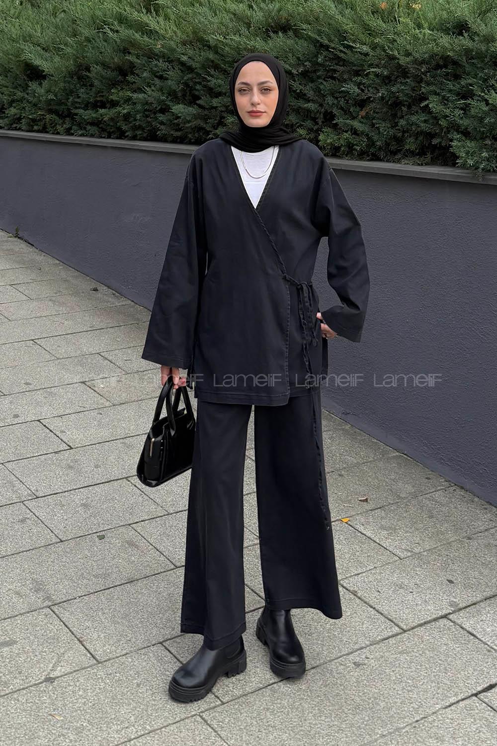 Lamelif Kimonolu Kot Tesettür Takım Füme