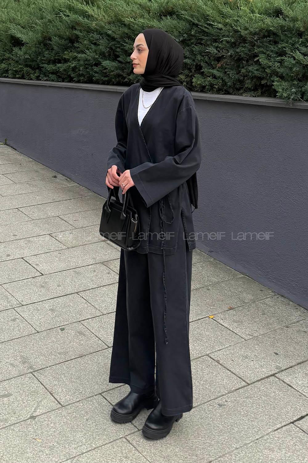 Lamelif Kimonolu Kot Tesettür Takım Füme