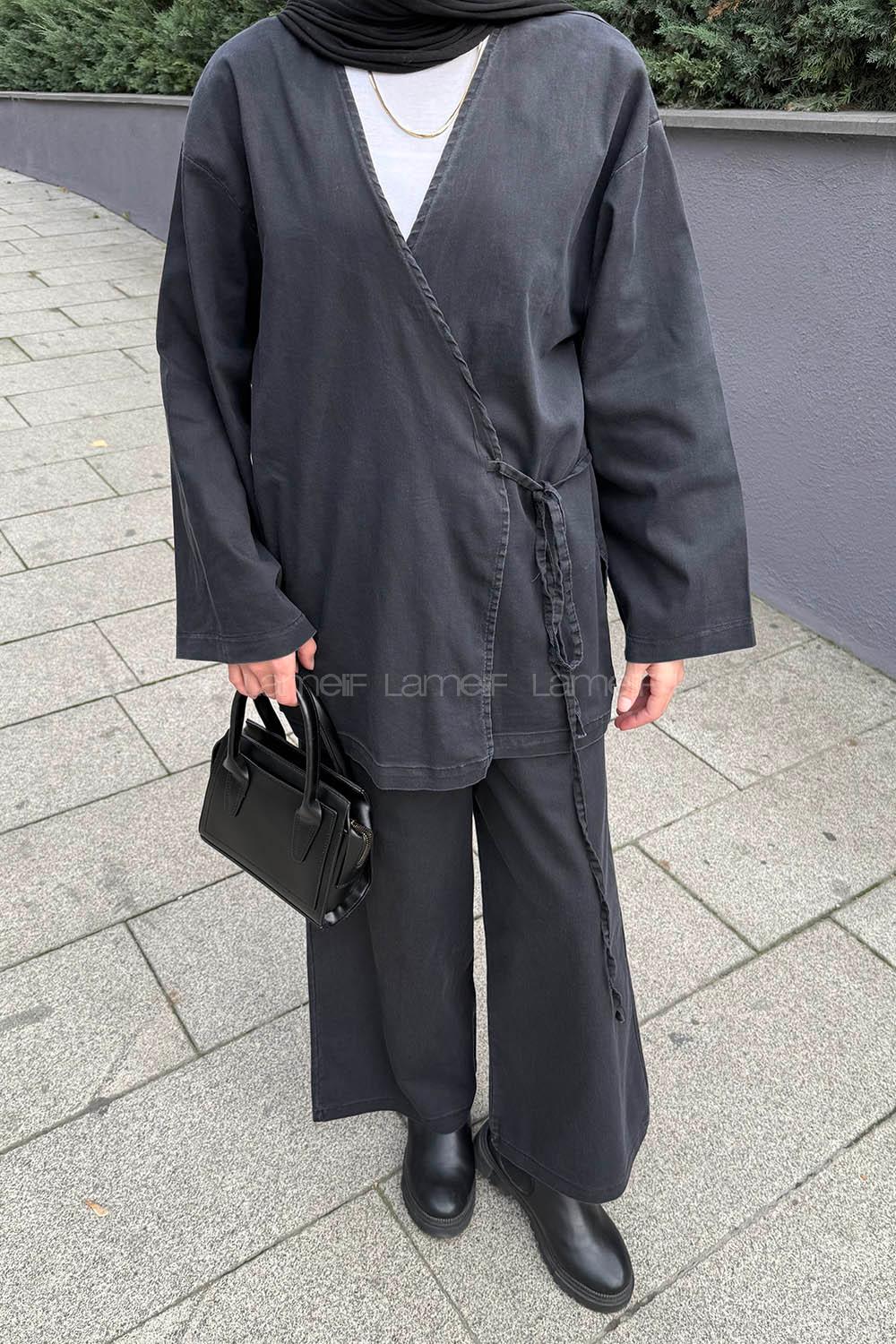 Lamelif Kimonolu Kot Tesettür Takım Füme