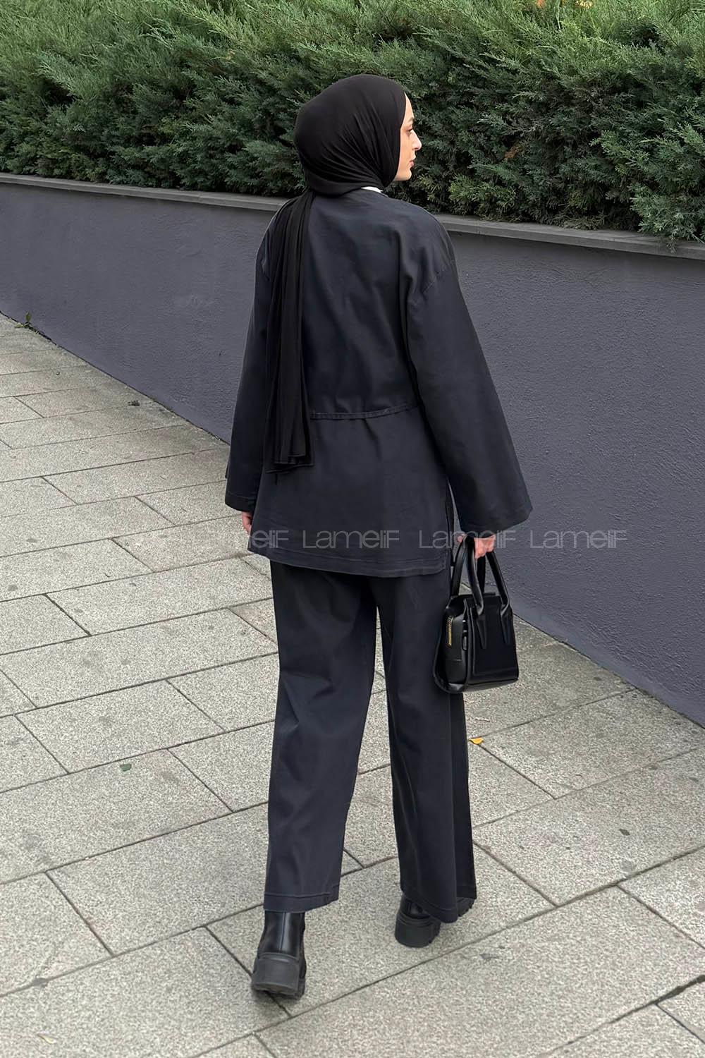 Lamelif Kimonolu Kot Tesettür Takım Füme