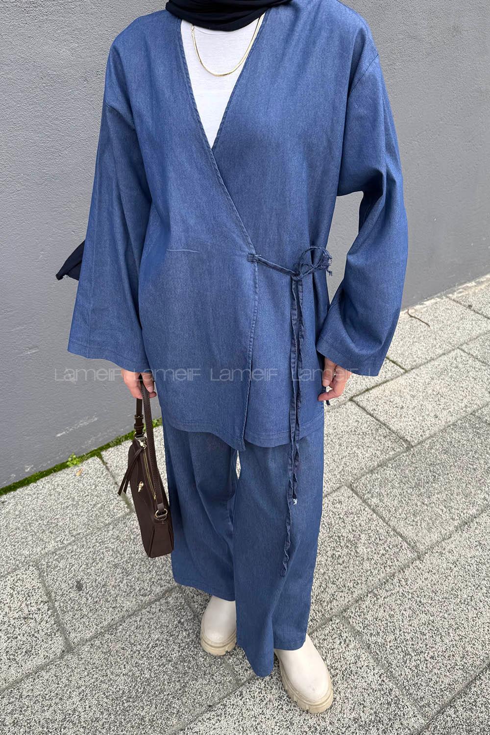 Lamelif Kimonolu Kot Tesettür Takım Kot Mavisi