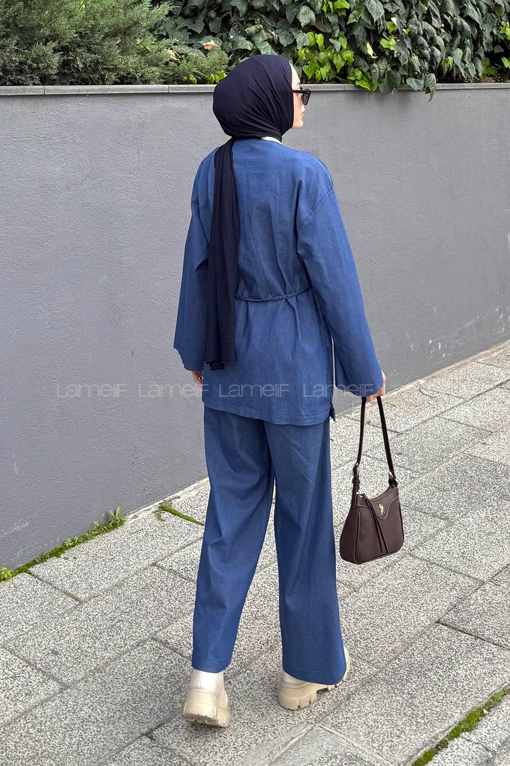 Lamelif Kimonolu Kot Tesettür Takım Kot Mavisi