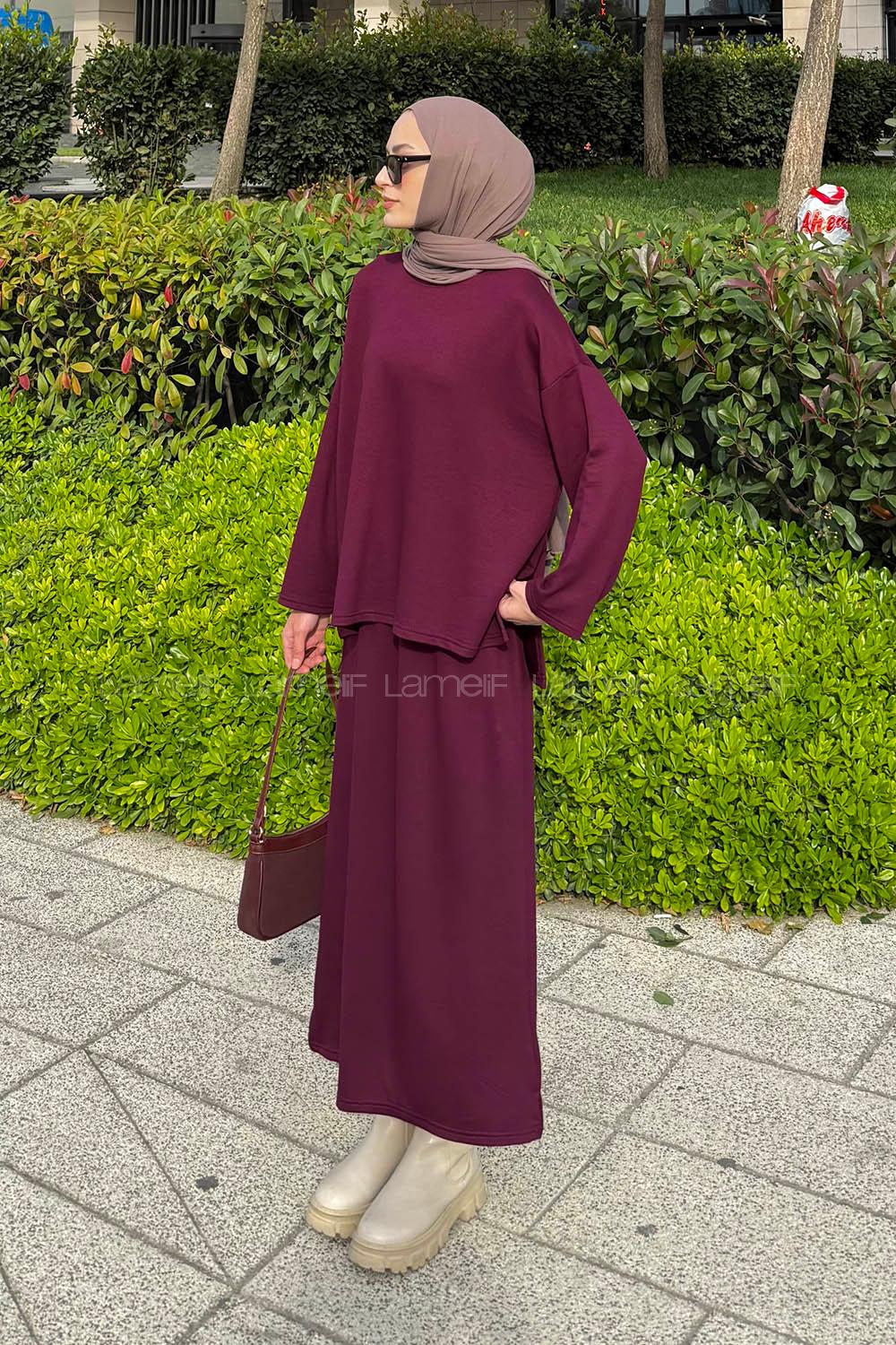 Lamelif Kristal Etekli Tesettür Takım Mürdüm