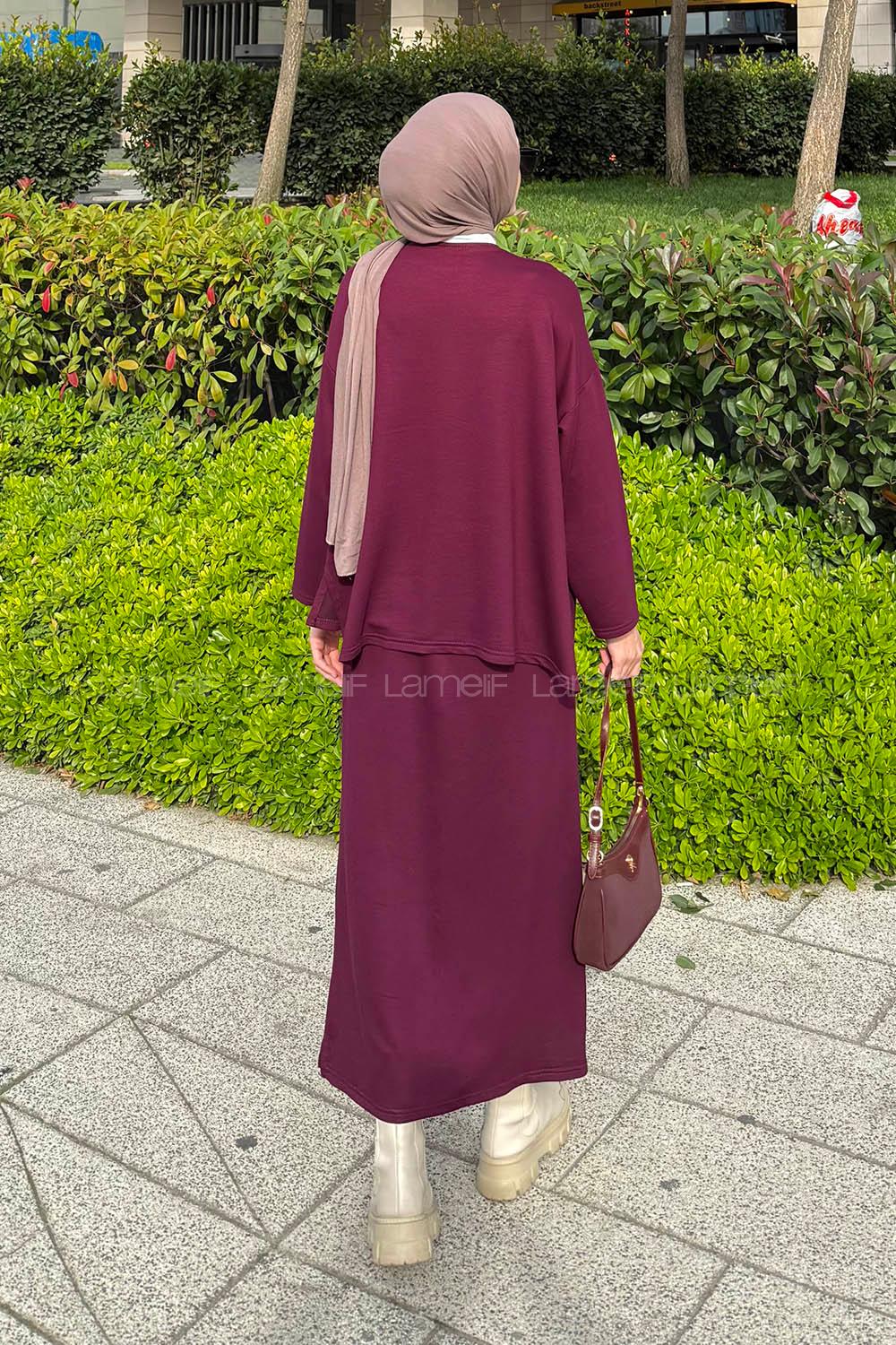 Lamelif Kristal Etekli Tesettür Takım Mürdüm