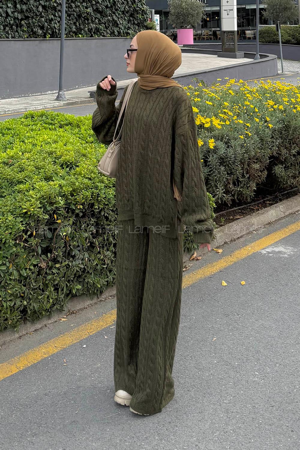 Lamelif Örgülü Şardonlu Takım Haki