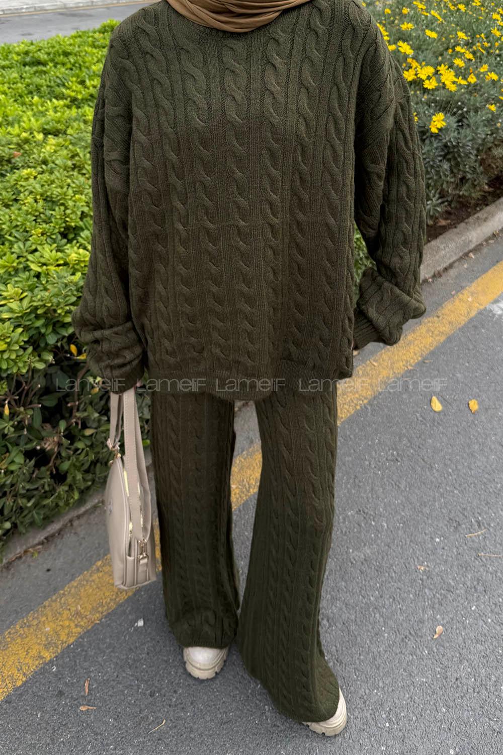 Lamelif Örgülü Şardonlu Takım Haki