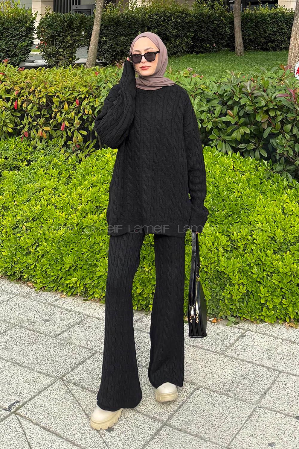 Lamelif Örgülü Şardonlu Takım Siyah