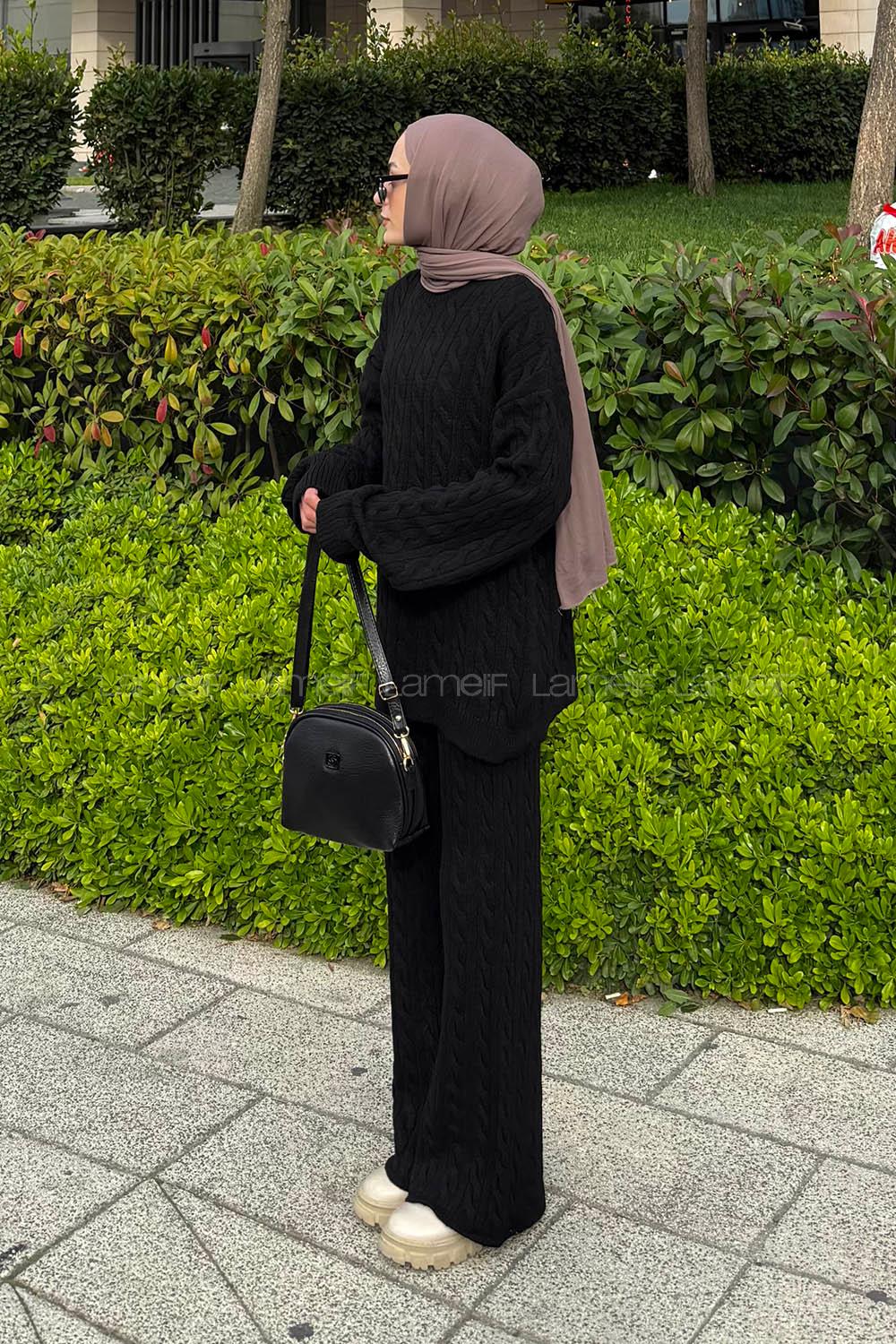 Lamelif Örgülü Şardonlu Takım Siyah