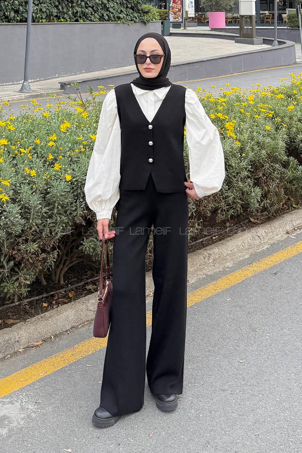 Lamelif V Yaka Yelekl Takım Siyah