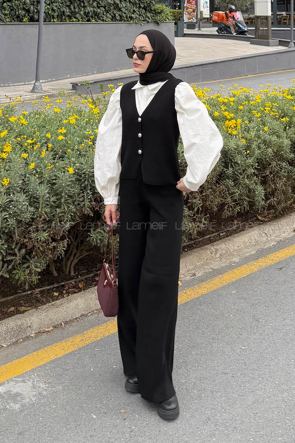 Lamelif V Yaka Yelekl Takım Siyah