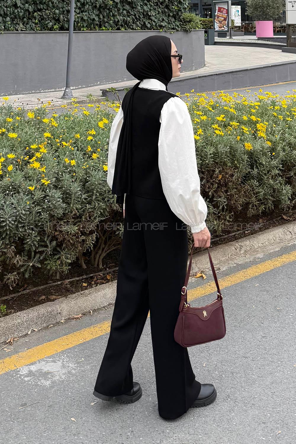 Lamelif V Yaka Yelekl Takım Siyah