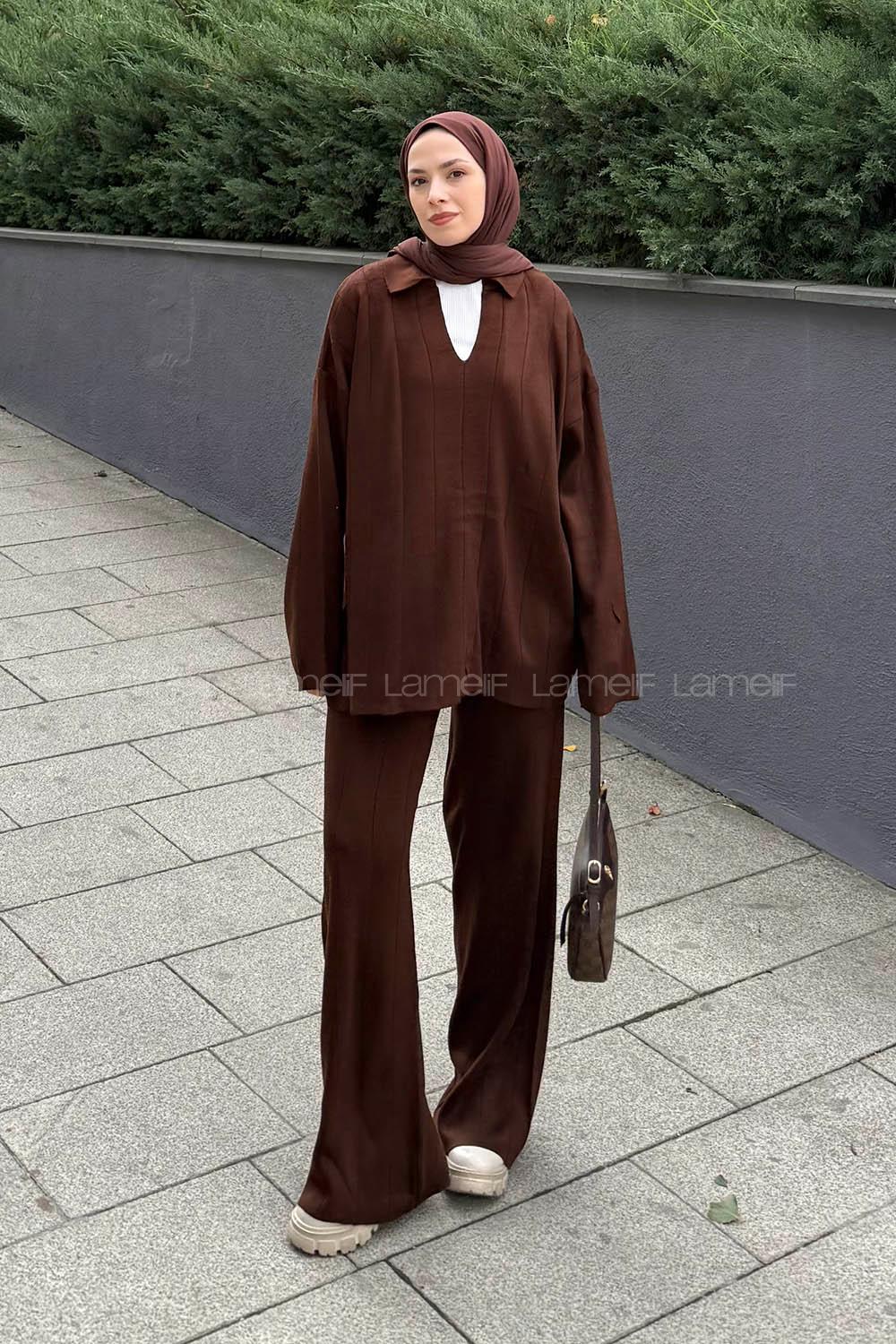 Lamelif Yaka Detay İkili Tesettür Takım Acı Kahve
