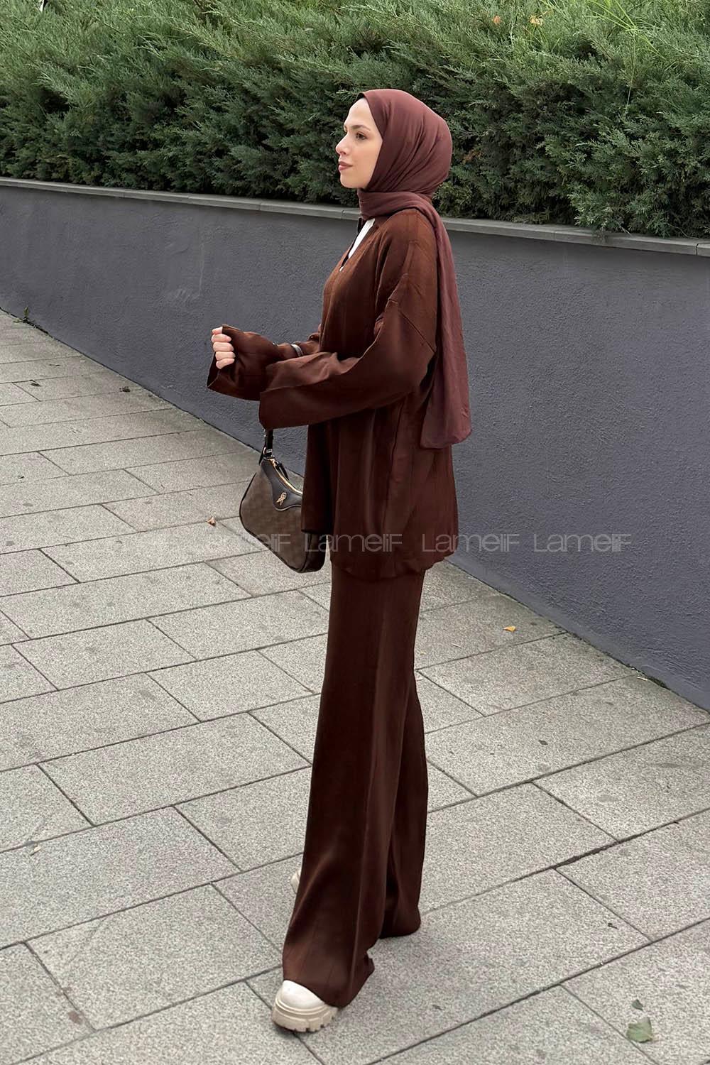 Lamelif Yaka Detay İkili Tesettür Takım Acı Kahve