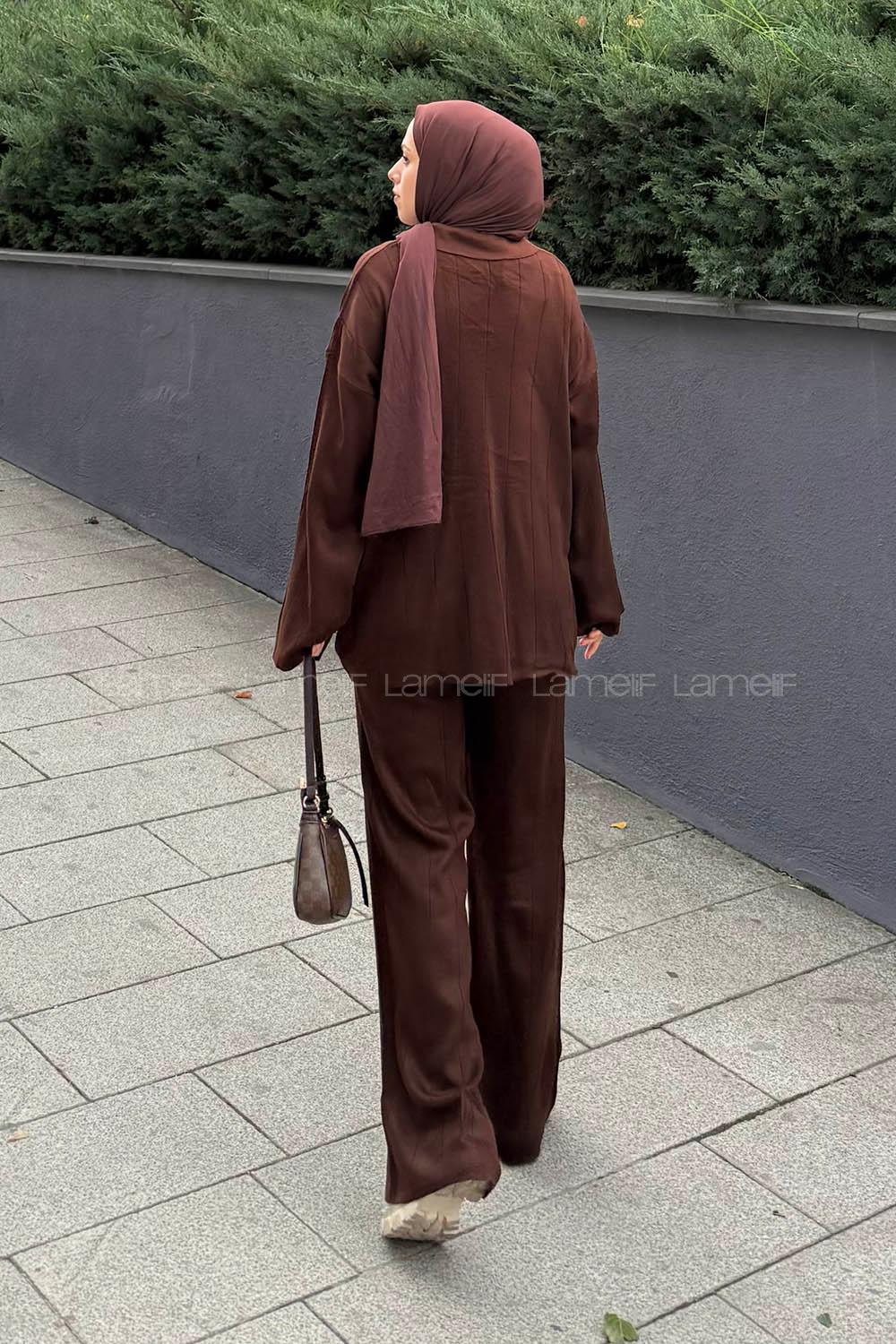 Lamelif Yaka Detay İkili Tesettür Takım Acı Kahve