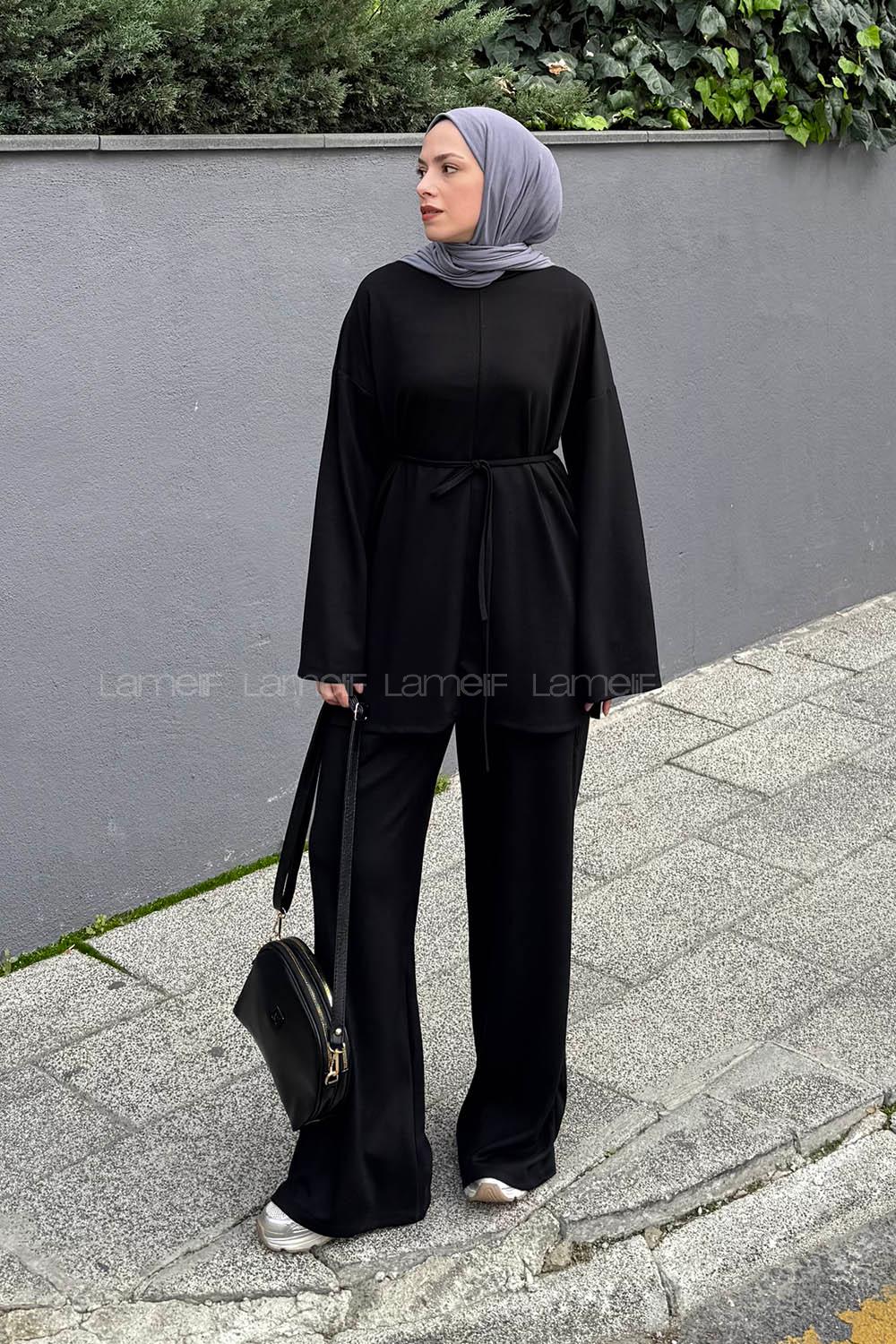 Lamelif Yırtmaçlı İkili Takım Siyah