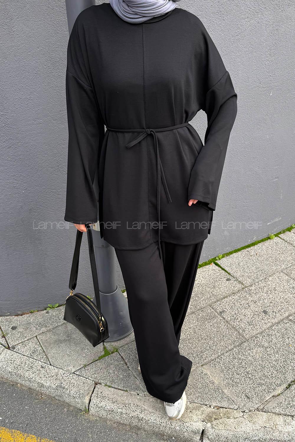 Lamelif Yırtmaçlı İkili Takım Siyah