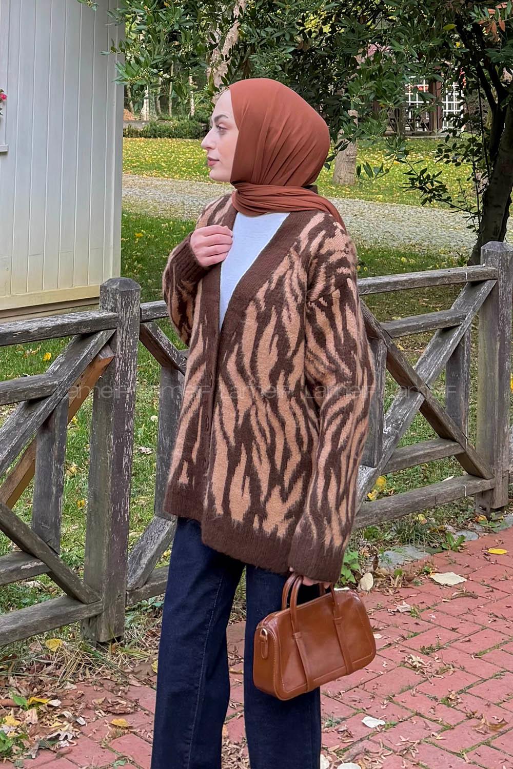 Lamelif Zebra Desen Hırka Kahverengi