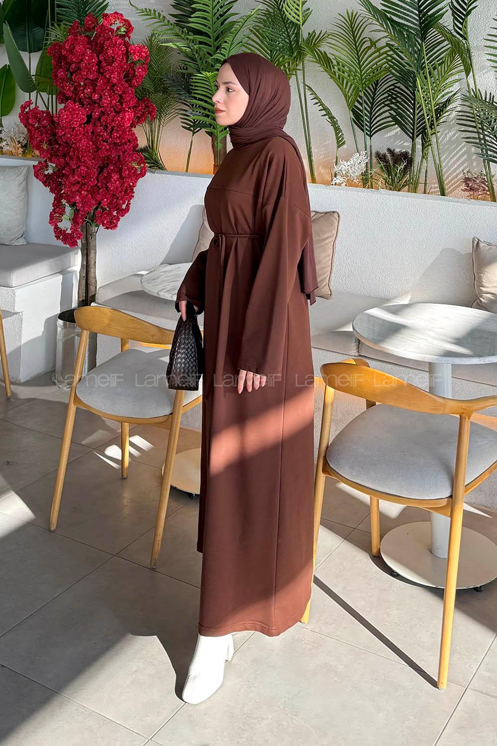 Lamelif Bağlama Detaylı Robalı Elbise Acı Kahve