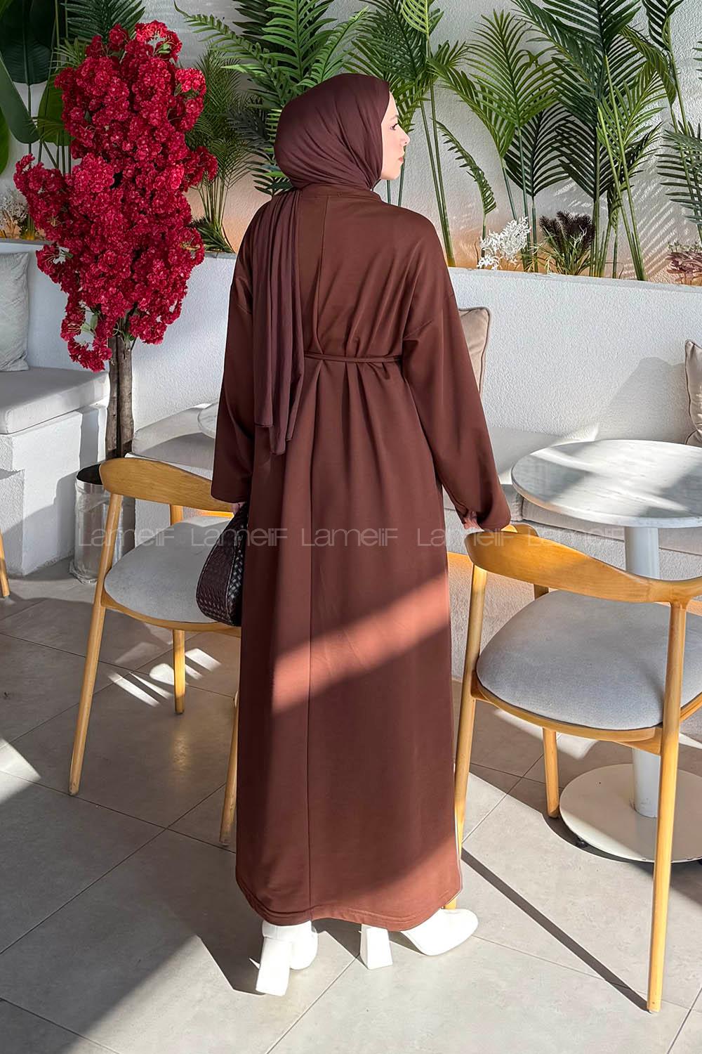 Lamelif Bağlama Detaylı Robalı Elbise Acı Kahve