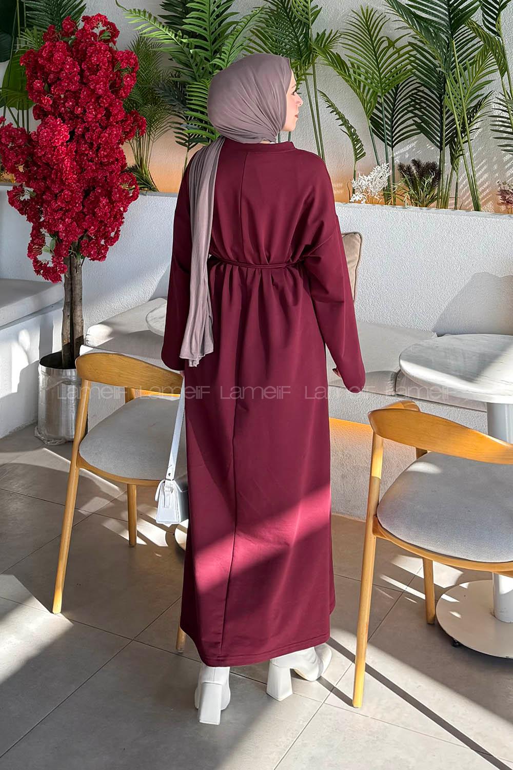 Lamelif Bağlama Detaylı Robalı Elbise Bordo