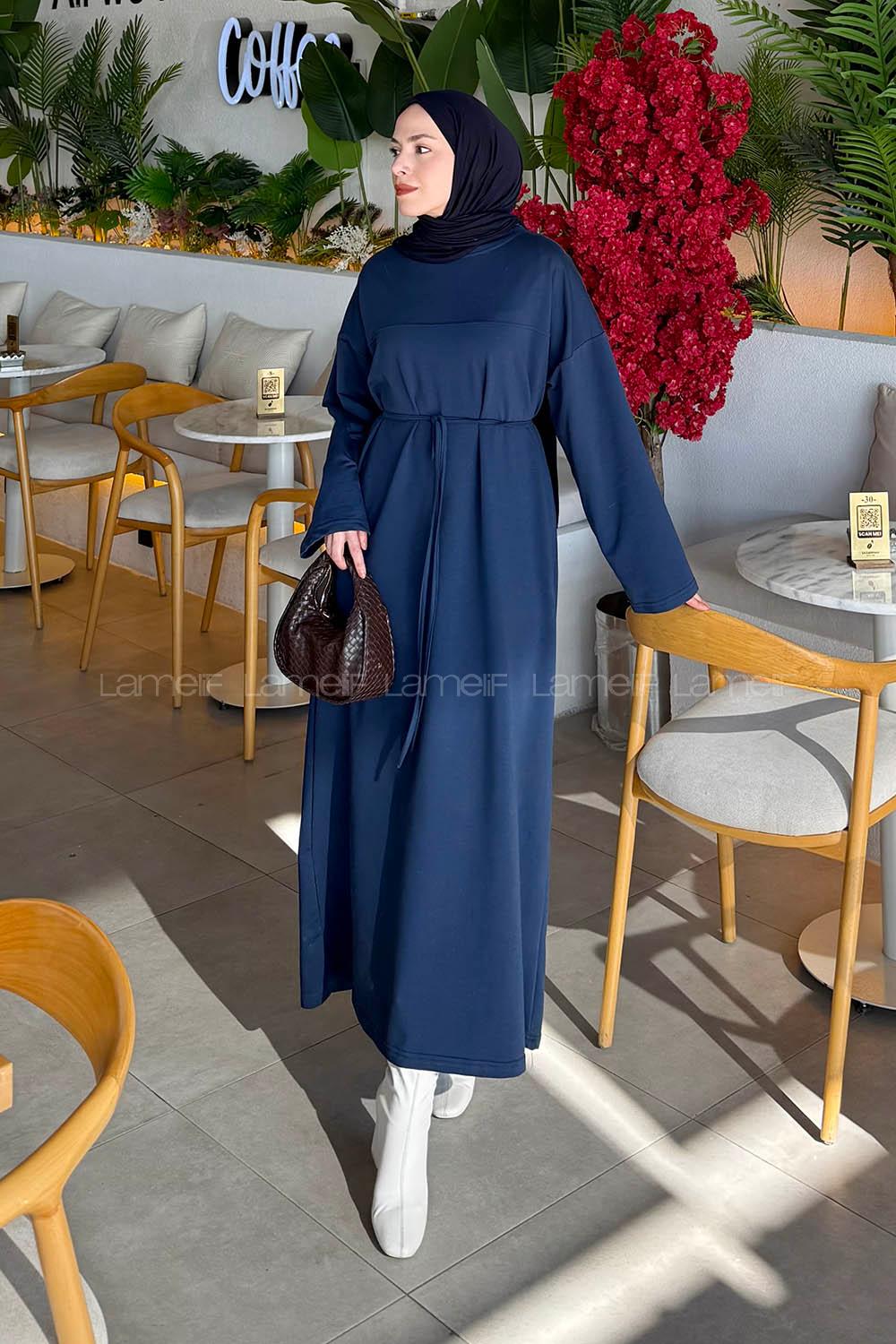 Lamelif Bağlama Detaylı Robalı Elbise Lacivert