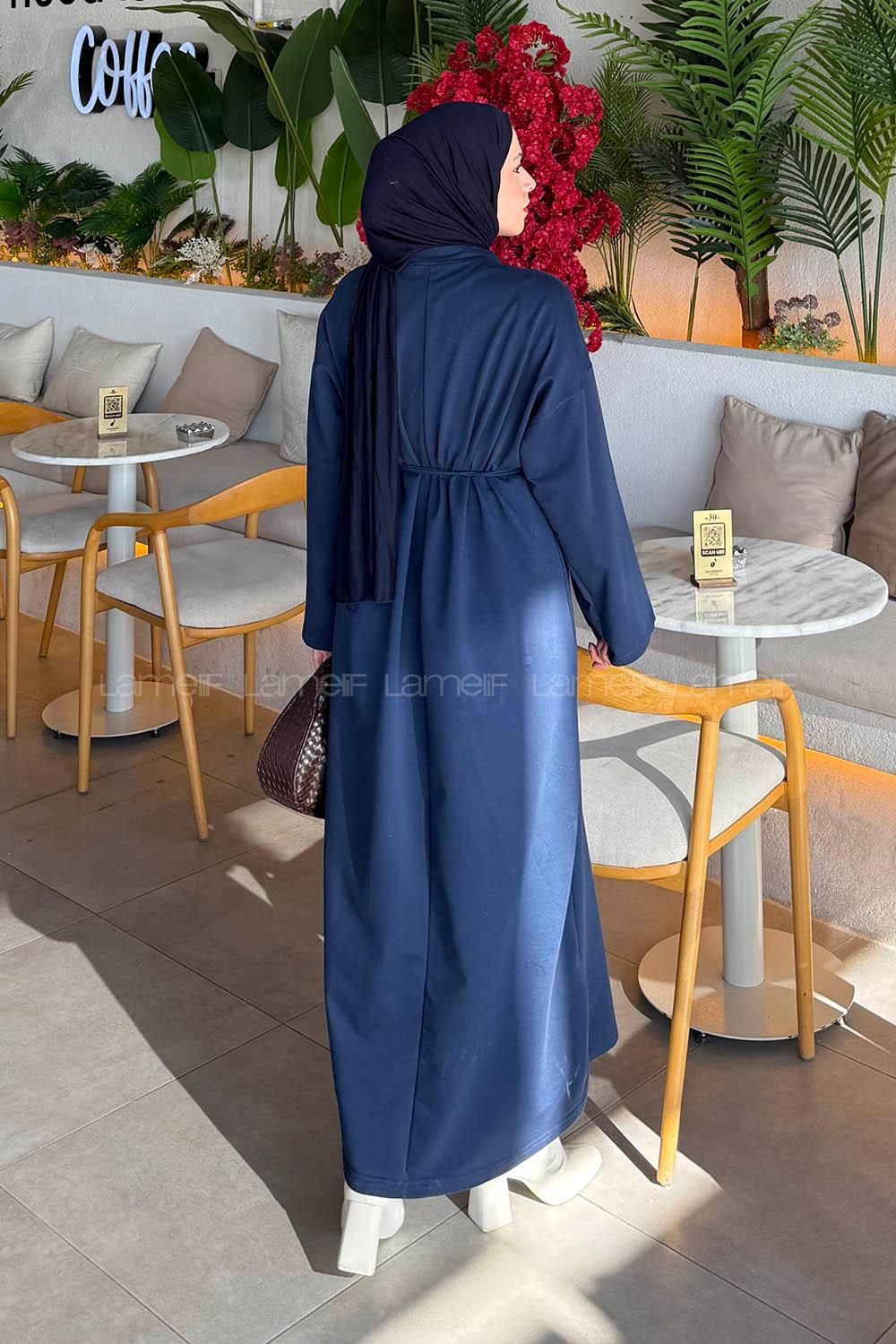 Lamelif Bağlama Detaylı Robalı Elbise Lacivert